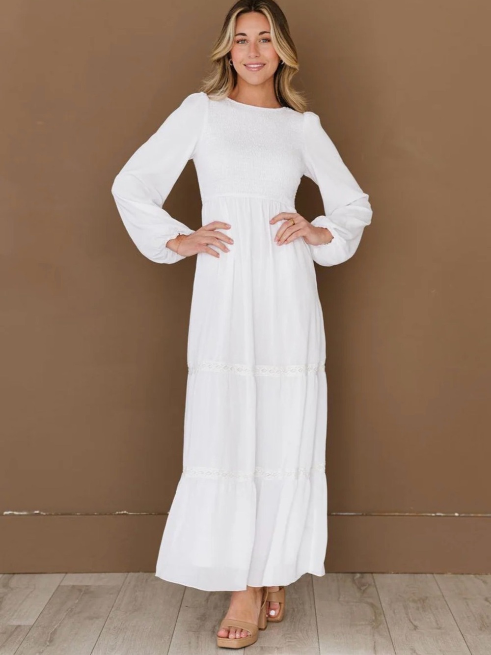 Women's White Long Sleeve Maxi Dress with Smocked Bodice